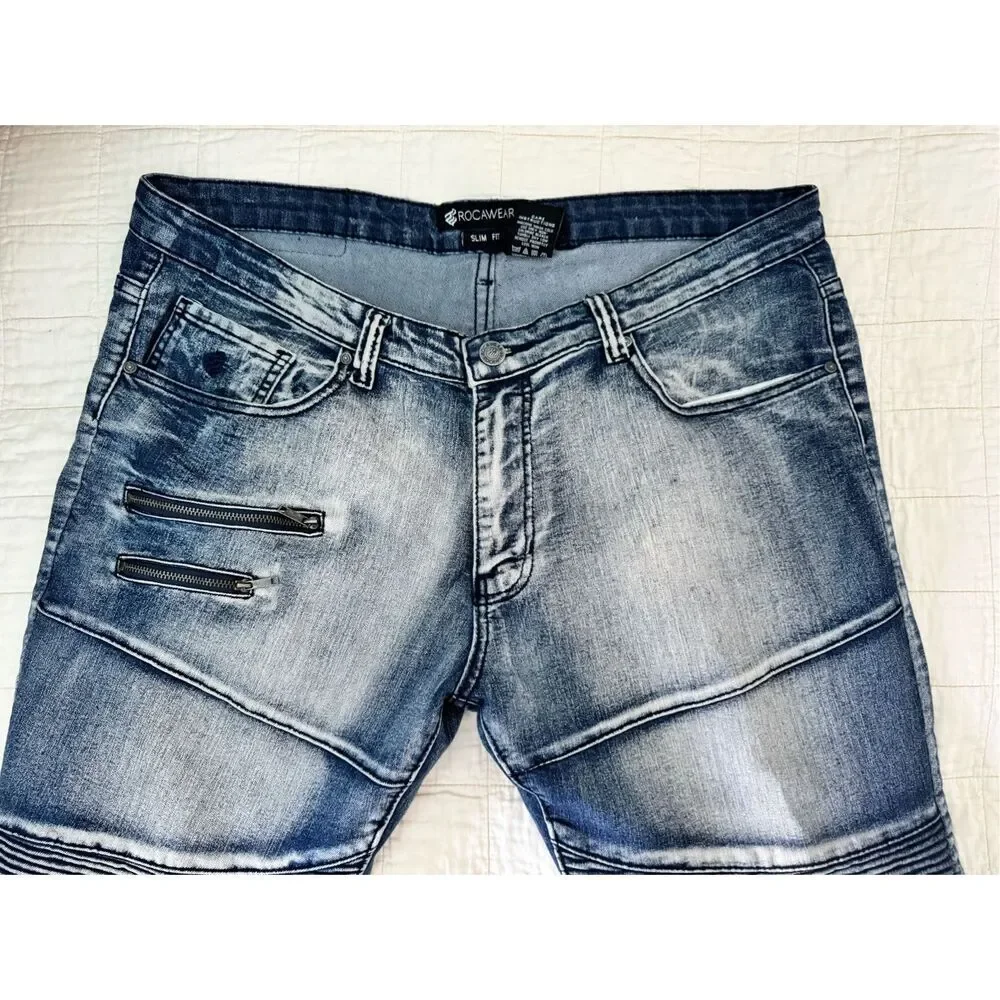 Rocawear Biker Jeans Mens 38 Blue Denim Streetwear Slim Fit Faded Skinny Leg y2k